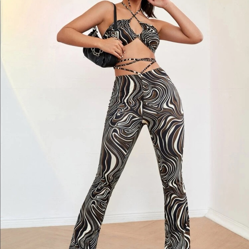 Halter Neck Criss Cross Lace Up Crop Top & Pants Set